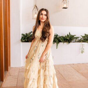 Boho Dress Cream Lace Trimmed Tiered Ruffled Embellished Tassel Tie Size 1X/2X